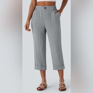 HALARA Women’s Medium Blue High Waisted Zipper‎ Pocket Capri Linen-Feel Pants